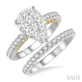 1 1/3 Ctw Diamond Lovebright Wedding Set with 1 Ctw Pear Shape Engagement Ring in White and Yellow Gold & 1/3 Ctw Wedding Band in White Gold in 14K