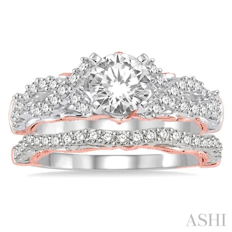 1 1/3 Ctw Diamond Wedding Set with 1 Ctw Round Cut Engagement Ring and 1/4 Ctw Wedding Band in 14K White and Rose Gold
