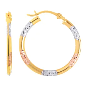 10k Tricolor White Yellow And Rose Gold Diamond Cut Round Hoop Earrings, Diameter 20mm