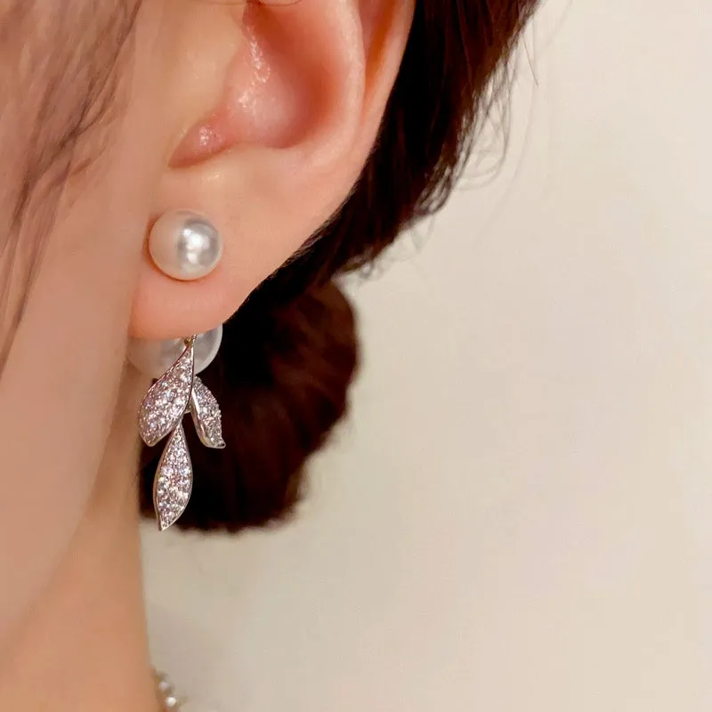 14K Gold-Plated Zircon Leaf peal Jacket Earrings