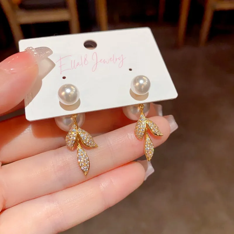 14K Gold-Plated Zircon Leaf peal Jacket Earrings