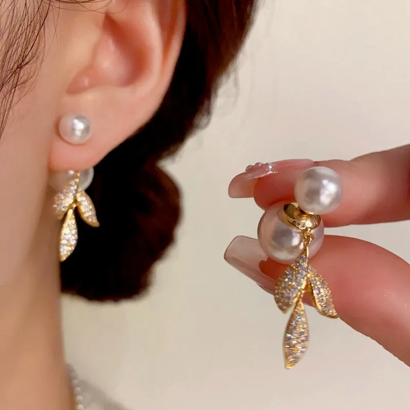 14K Gold-Plated Zircon Leaf peal Jacket Earrings