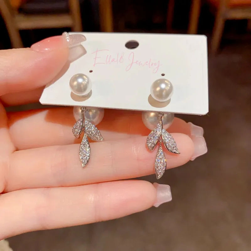 14K Gold-Plated Zircon Leaf peal Jacket Earrings