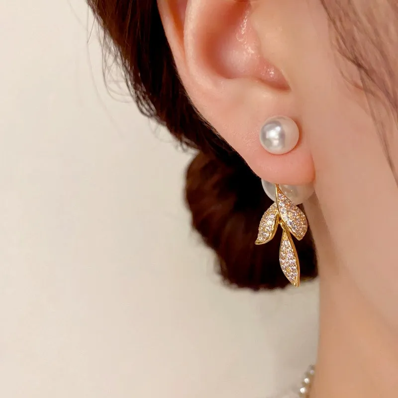 14K Gold-Plated Zircon Leaf peal Jacket Earrings