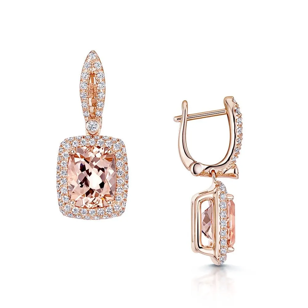 18ct Rose Gold Morganite And Round Brilliant Cut Diamond Drop Earrings