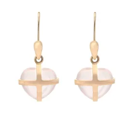 18ct Rose Gold Rose Quartz Small Cross Heart Drop Earrings