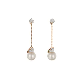 18K Solid Rose Gold 10mm White Akoya Pearl Natural CZ White Stones Drop Dangle Earrings