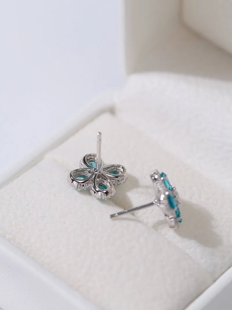 925 Sterling Silver Sky Blue Four-Leaf Stud Earrings