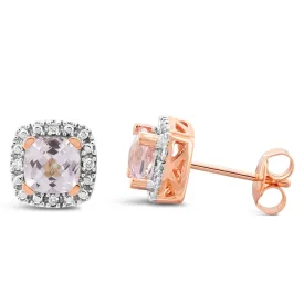 9ct Rose Gold Created Morganite And Diamond Square Earrings