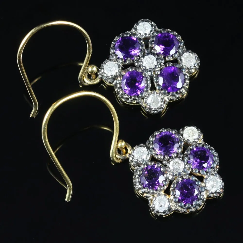 Amethyst Diamond Flower Earrings 9Ct Gold