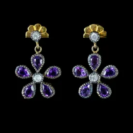 Amethyst Flower Earrings Diamond 18Ct Gold On Silver