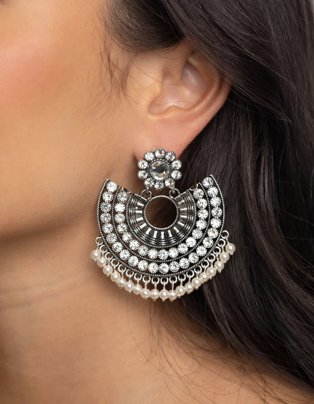 Antique Silver Chandbali Earrings with Pearl Beads