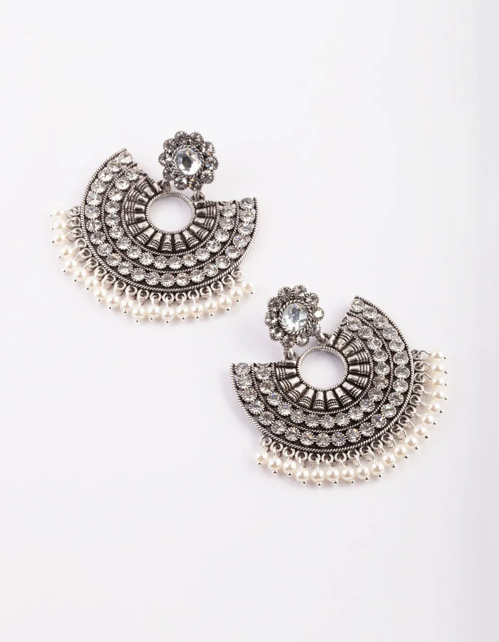 Antique Silver Chandbali Earrings with Pearl Beads