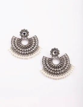 Antique Silver Chandbali Earrings with Pearl Beads