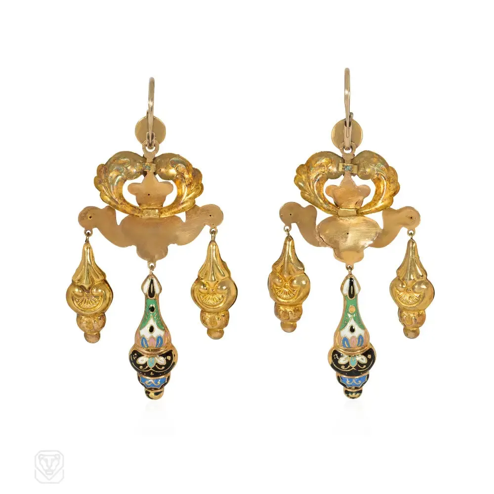 Antique swiss enamel girandole pendant earrings