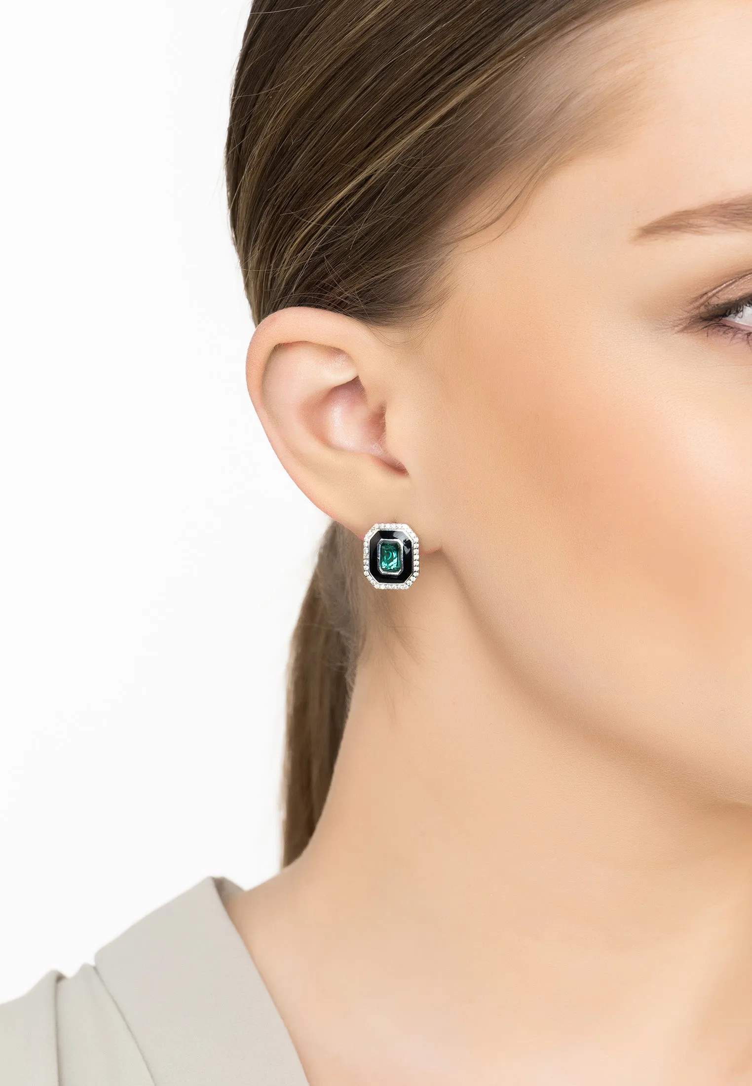 Art Deco Emerald And Enamel Stud Earrings Silver