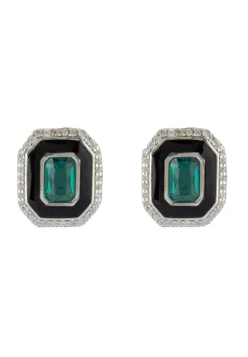 Art Deco Emerald And Enamel Stud Earrings Silver