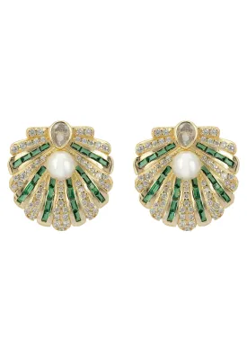 Art Deco Scallop Shell Earrings Emerald Green With Pearl Gold