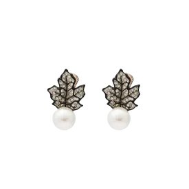 Black Crystal and Pearl Leaf Clip Earring