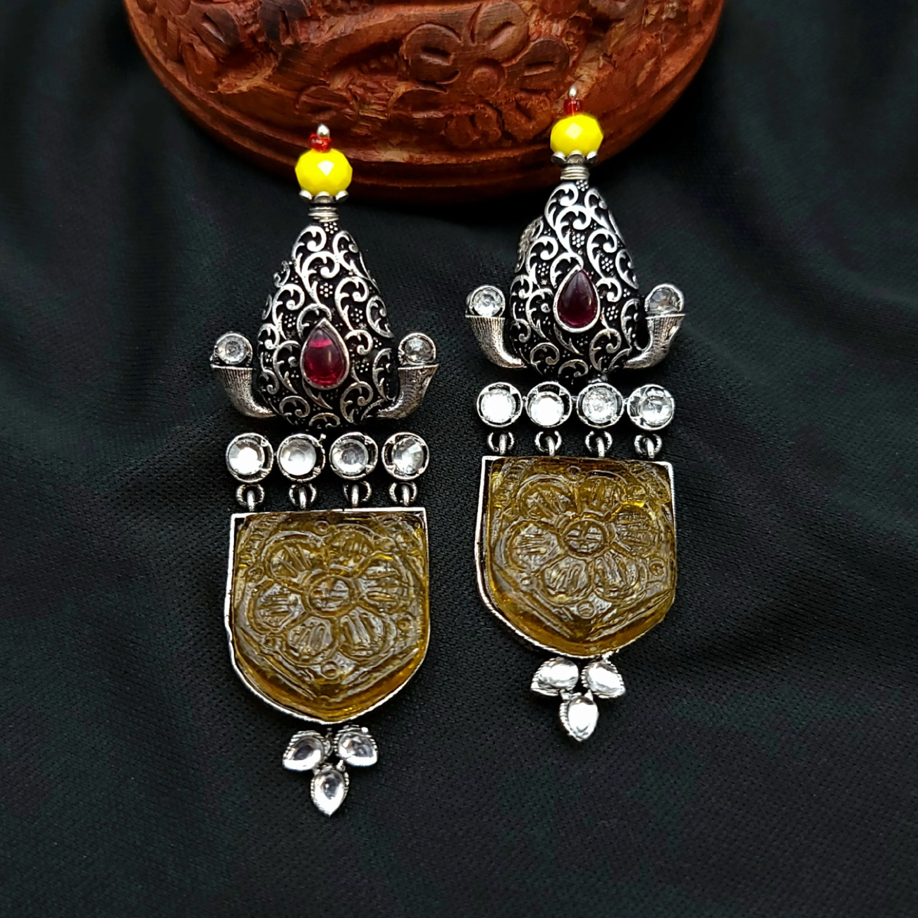 Carved Stone Oxidized German Silver Earrings