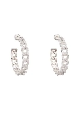 Curb Chain Sparkling Hoop Earrings Silver