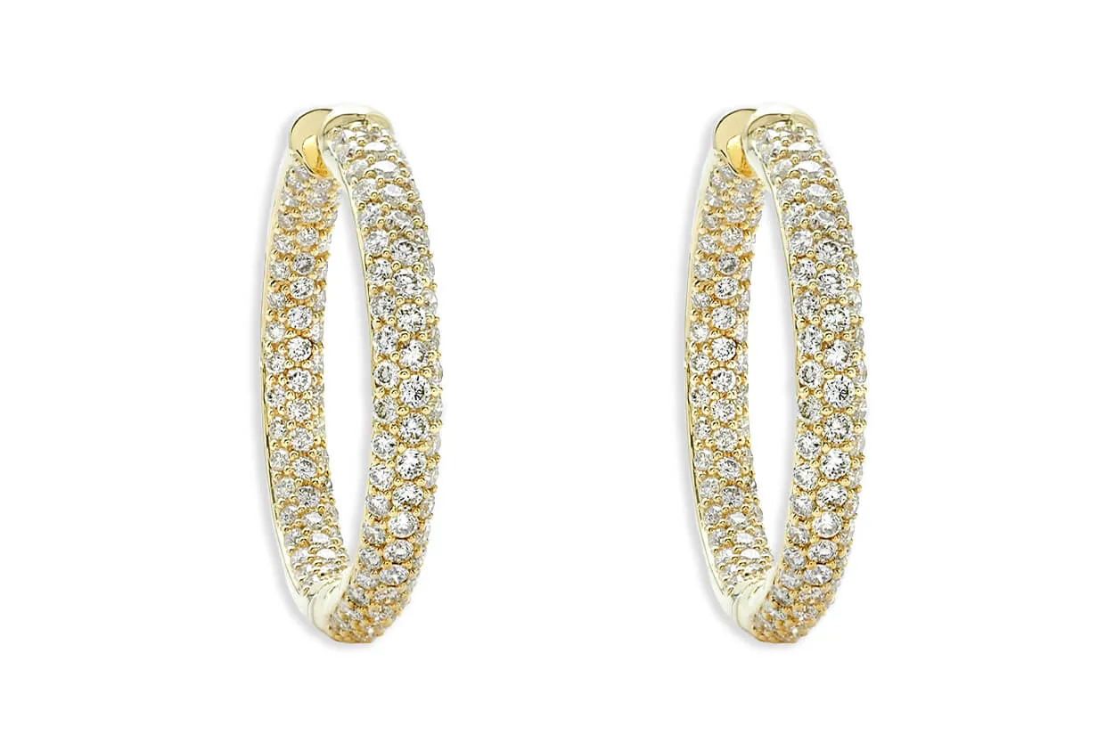 Earrings 18kt Gold & 3-Row Diamonds Medium Hoops