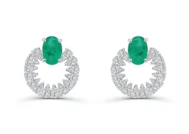 Earrings 18kt Gold Oval Emeralds & Diamonds Open Circle