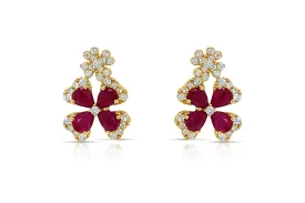 Earrings 18kt Yellow Gold Two Flowers Rubies & Diamonds