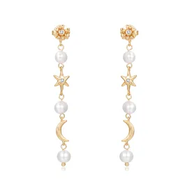 Freshwater Pearl Moon & Star Gold Drop Earrings - Daisy