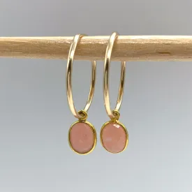 Gemstone earrings with pink opal oval crystal drops on gold medium hoops