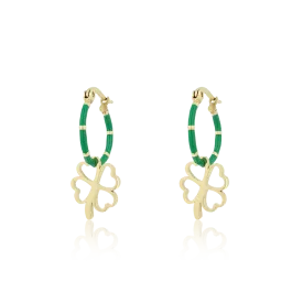 Gold coloured/green hoop earrings with a clover charm