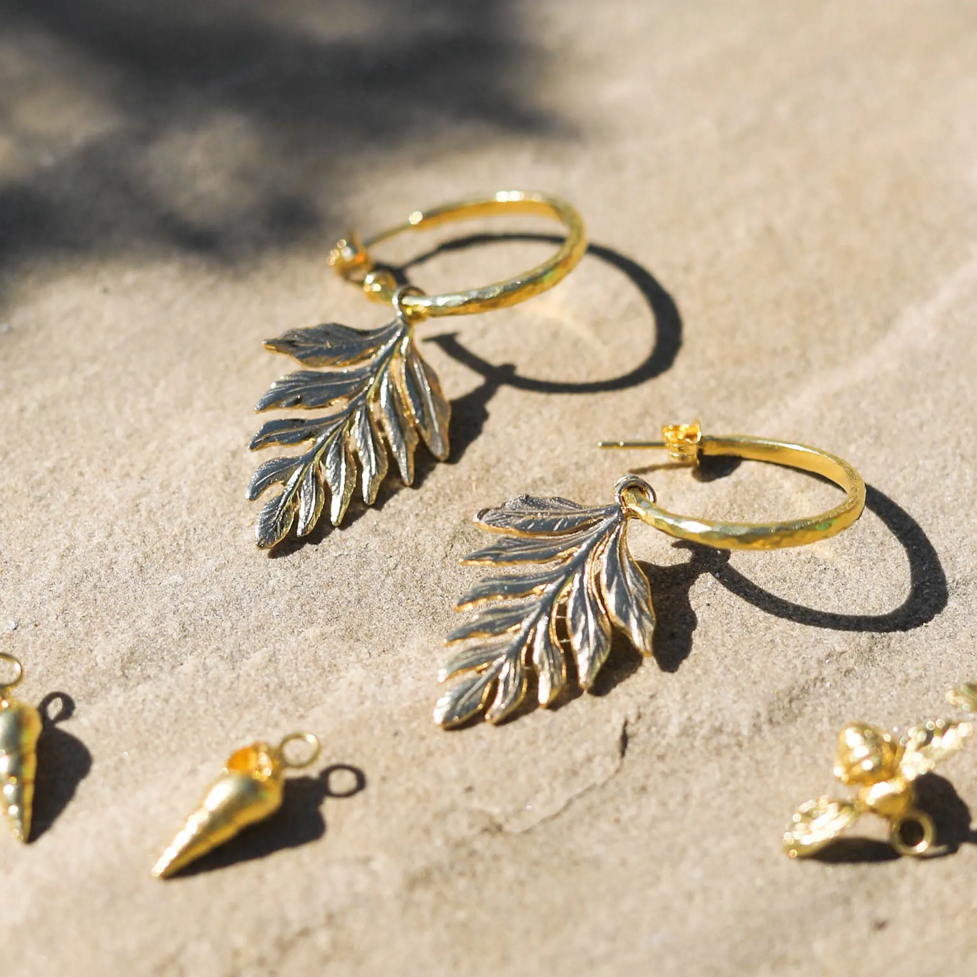 Gold Fern Drop Hammered Hoop Earrings