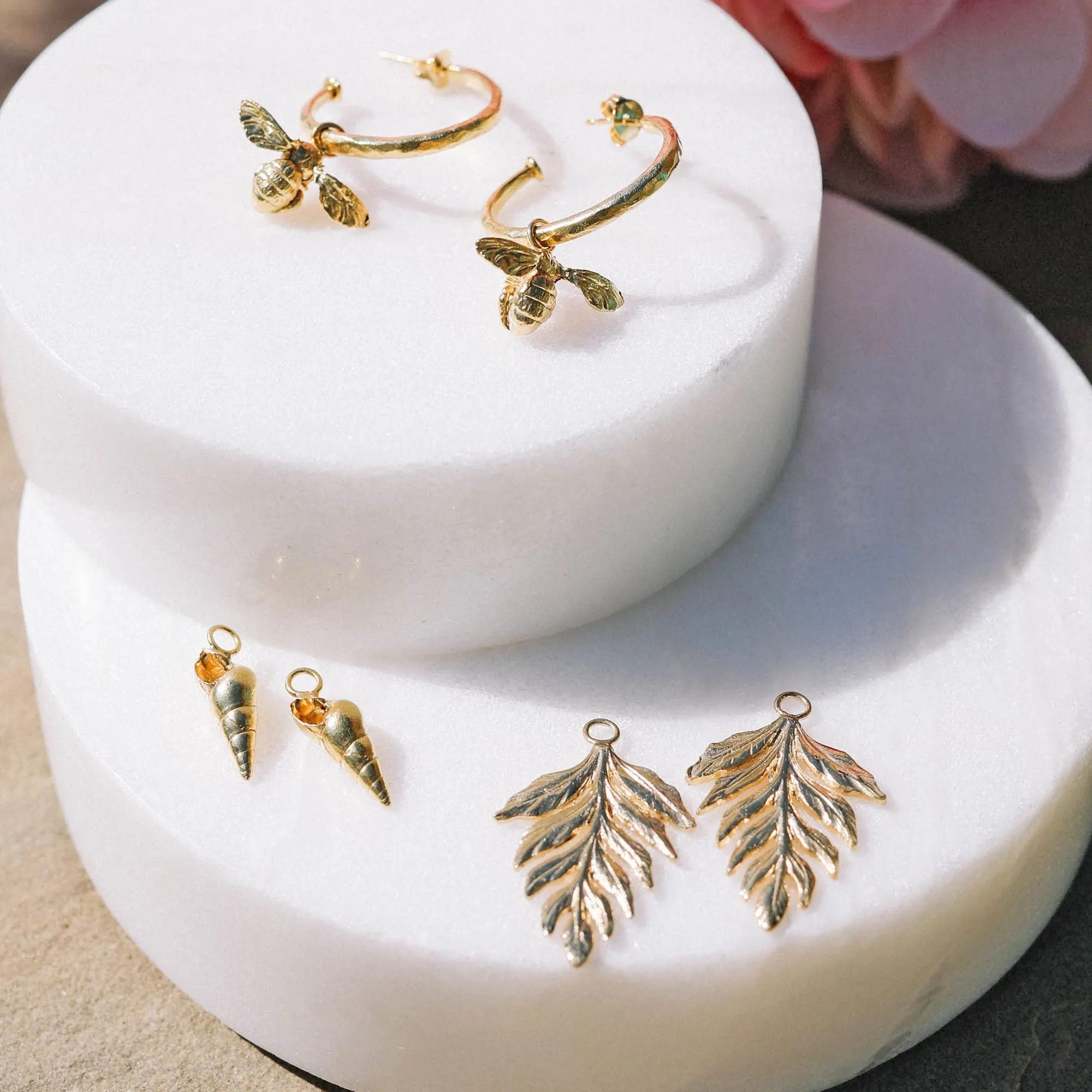 Gold Fern Drop Hammered Hoop Earrings