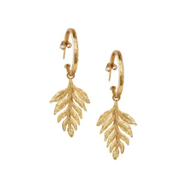 Gold Fern Drop Hammered Hoop Earrings