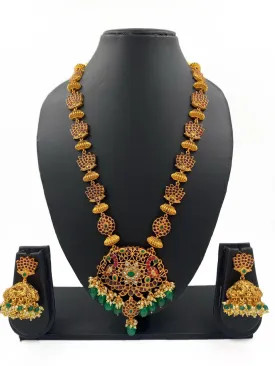 Gold Plated Kemp Stone Studded Long Peacock Design South Indian Necklace Set By Gehna Shop