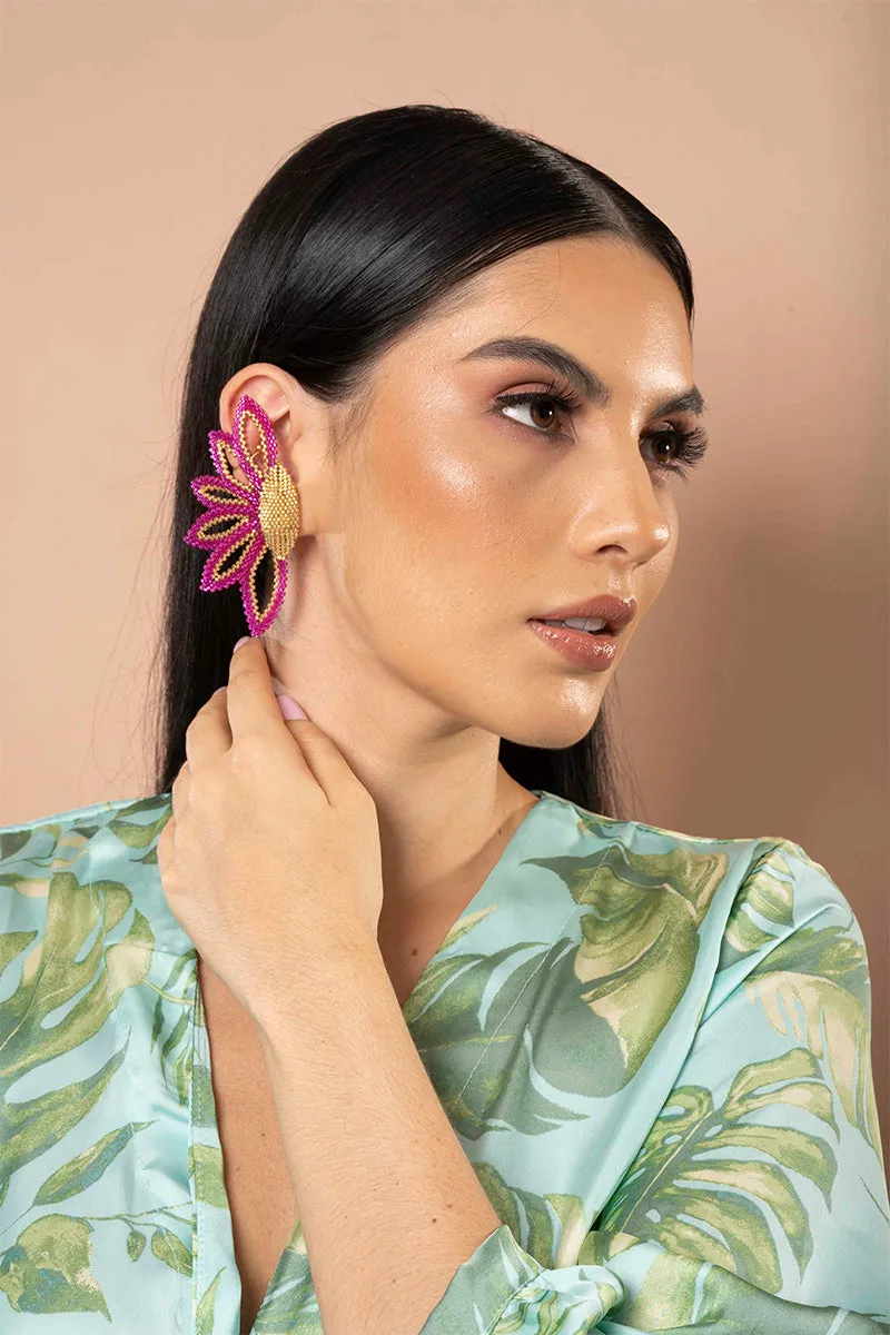 Half Petal Shaped Pink and Gold Beaded Earrings
