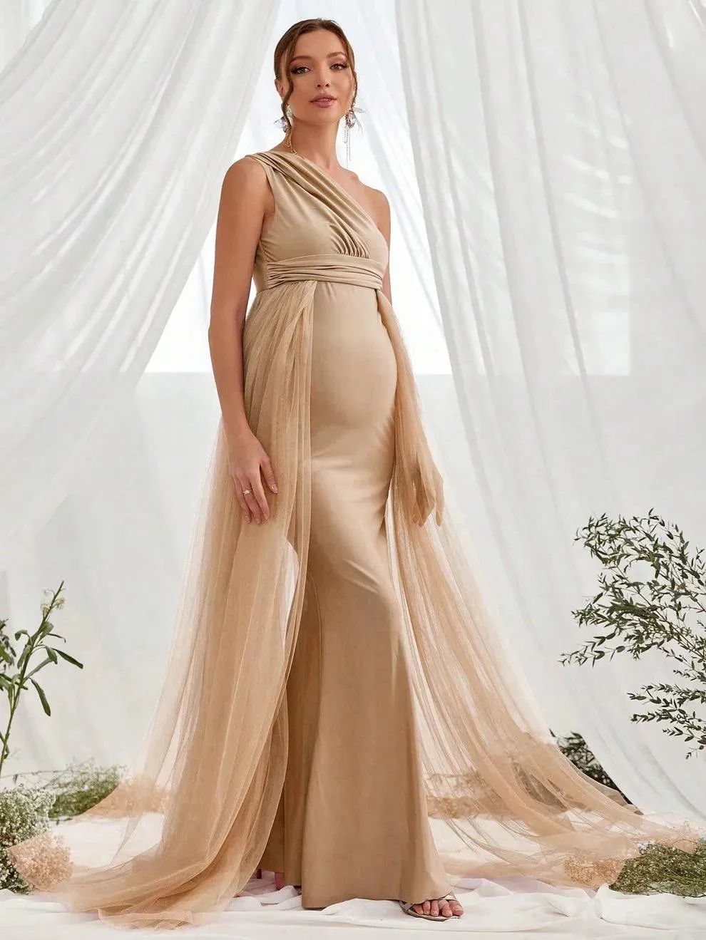 Maternity One Shoulder Contrast Mesh Mermaid Prom Dress