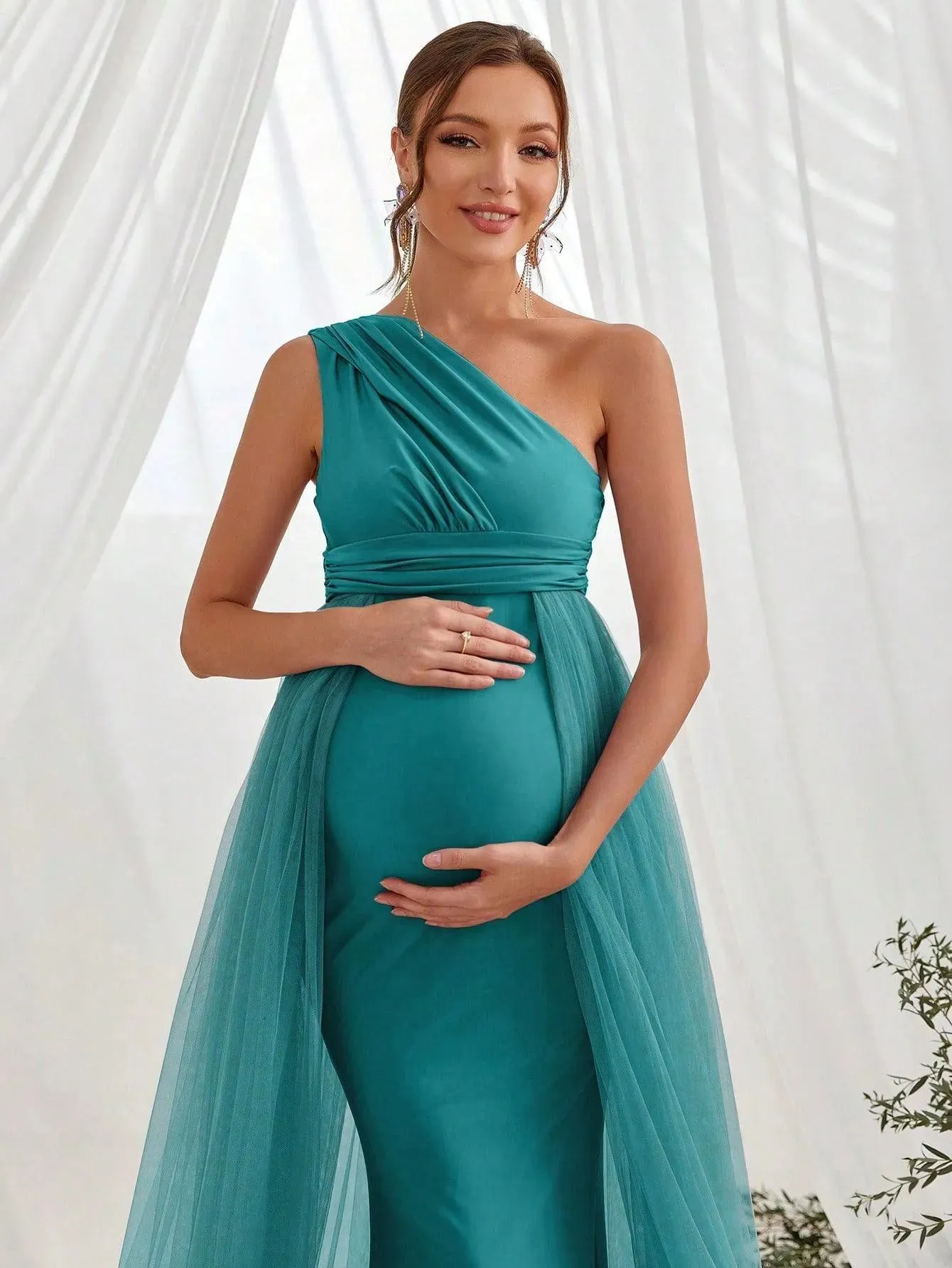 Maternity One Shoulder Contrast Mesh Mermaid Prom Dress