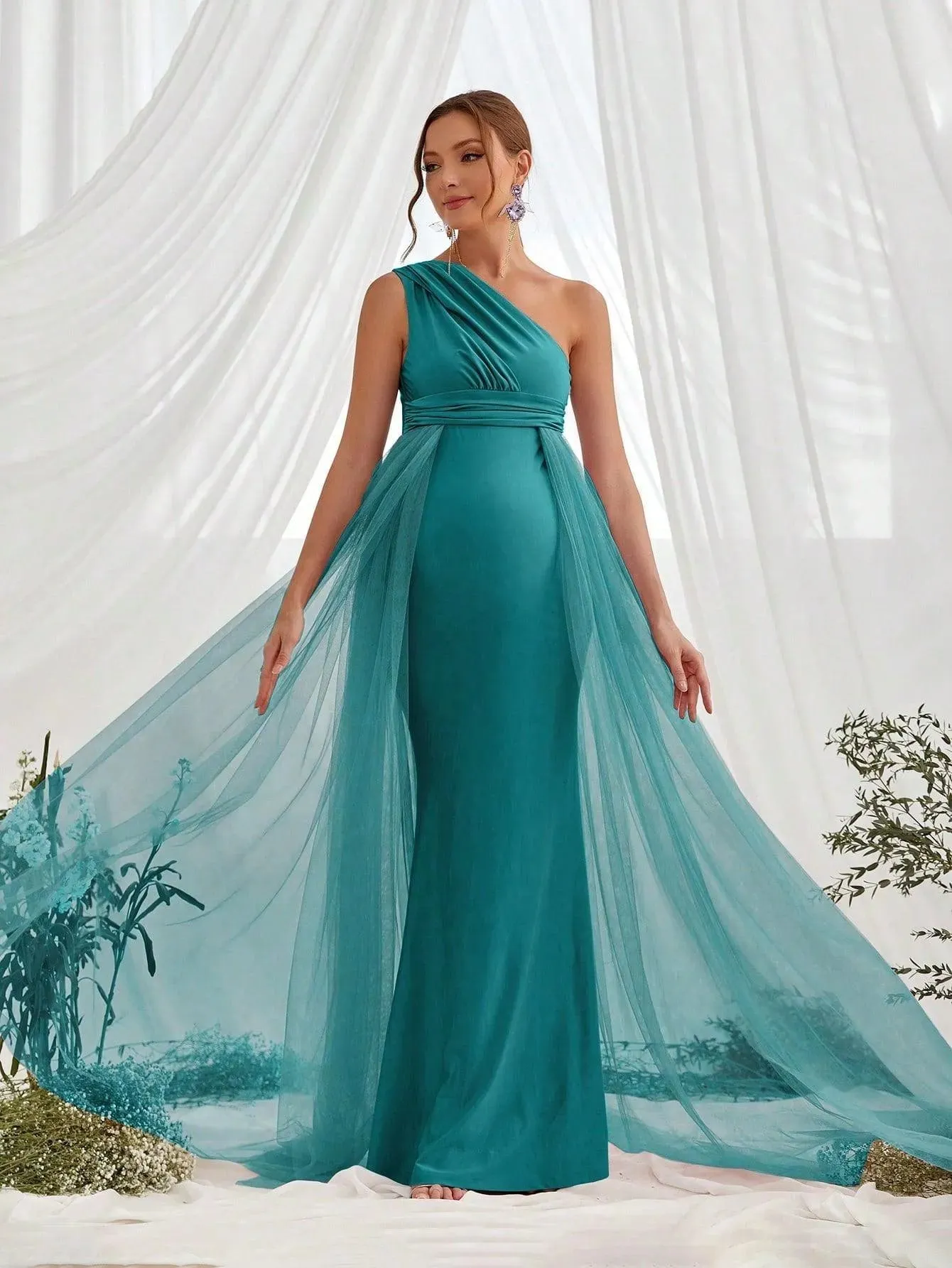 Maternity One Shoulder Contrast Mesh Mermaid Prom Dress