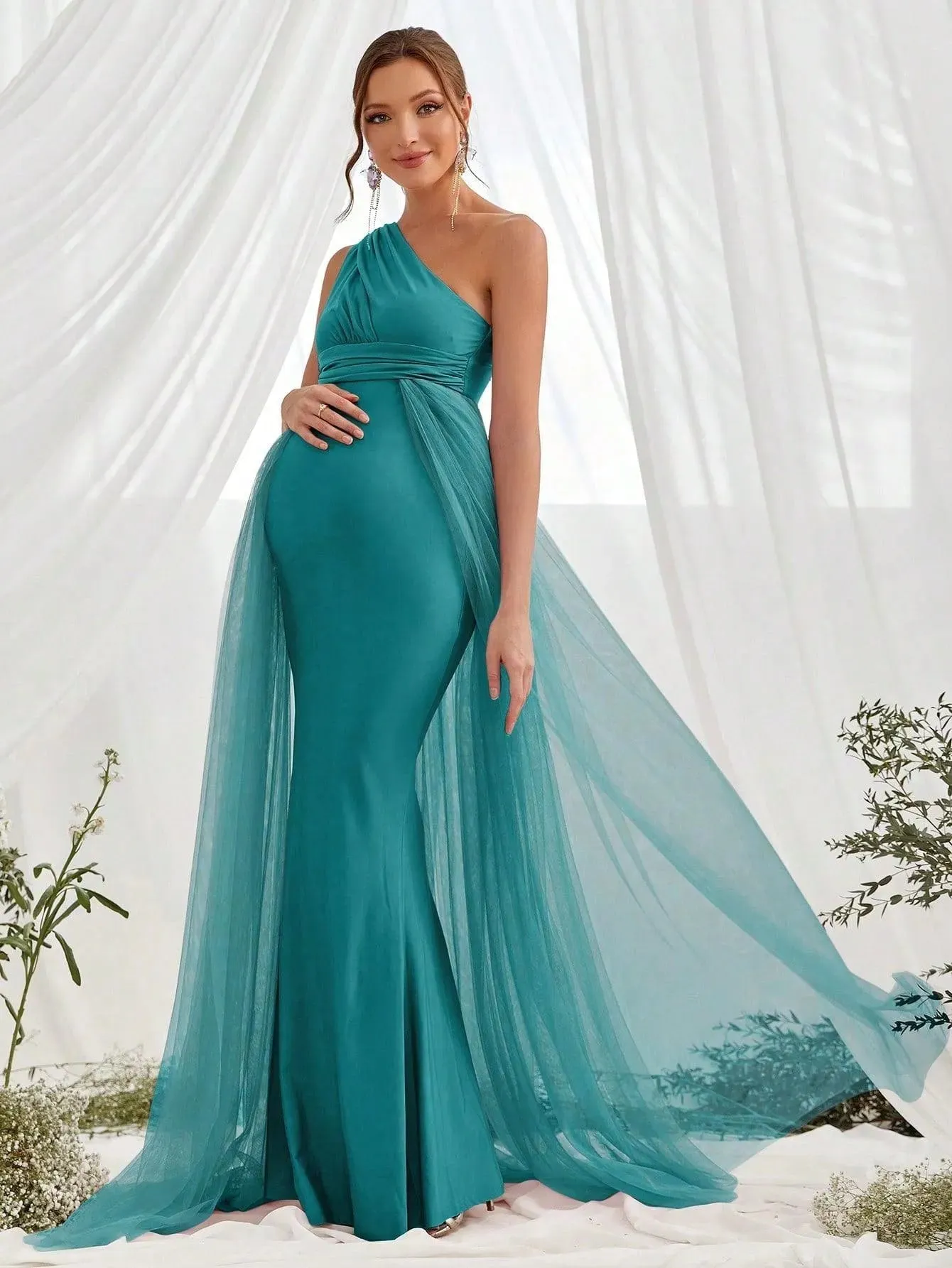 Maternity One Shoulder Contrast Mesh Mermaid Prom Dress