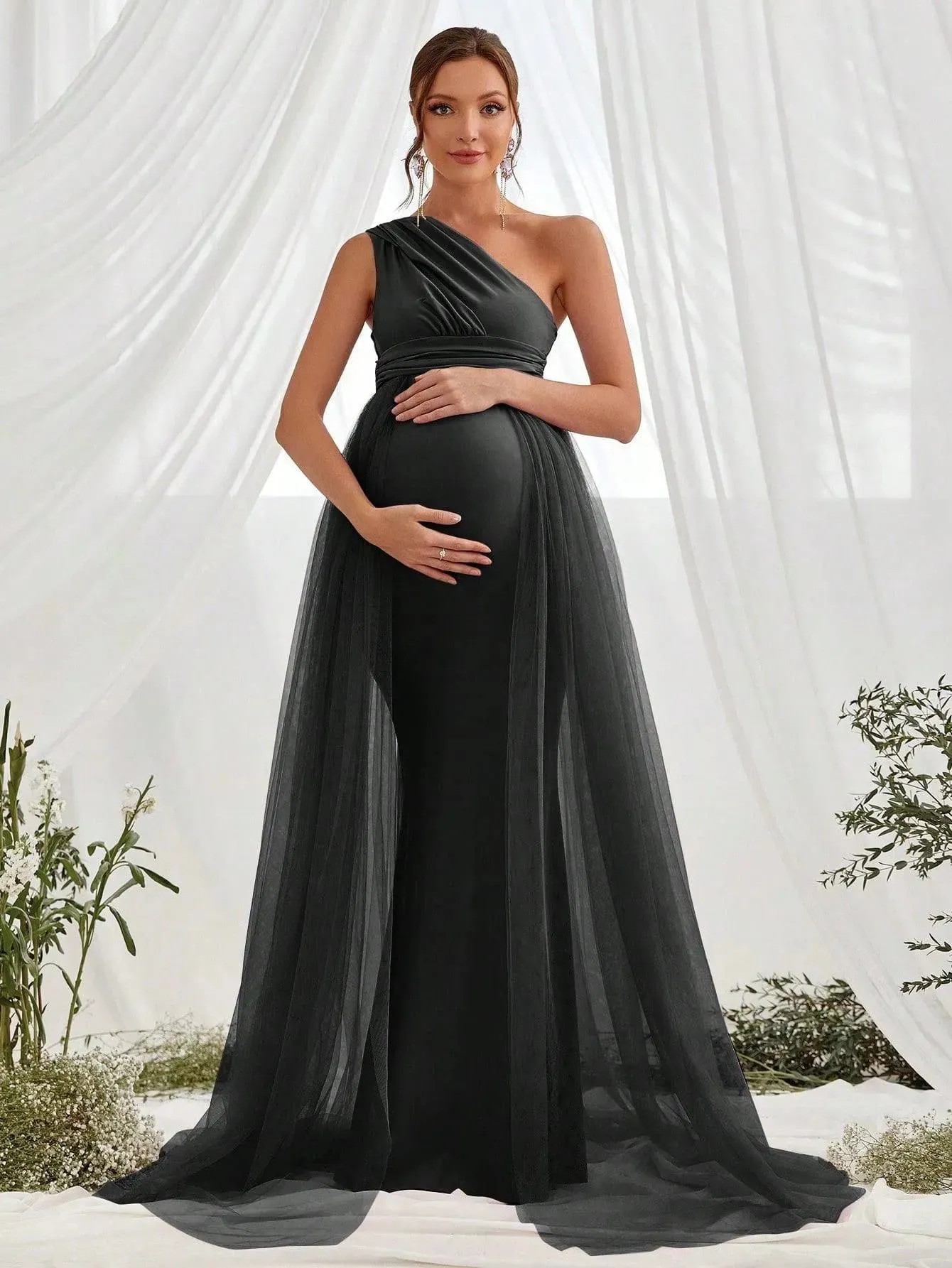 Maternity One Shoulder Contrast Mesh Mermaid Prom Dress