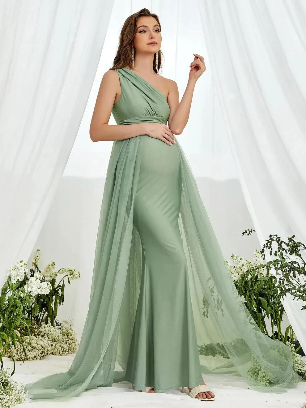 Maternity One Shoulder Contrast Mesh Mermaid Prom Dress