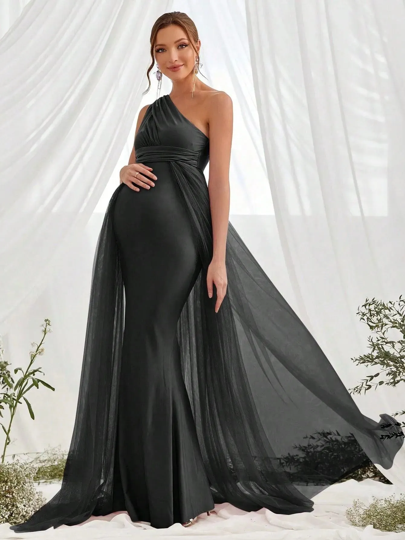 Maternity One Shoulder Contrast Mesh Mermaid Prom Dress