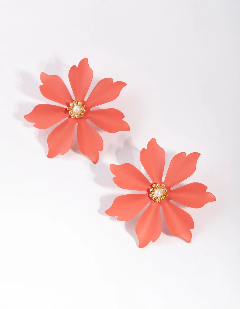 Matte Coral Big Flower Stud Earrings