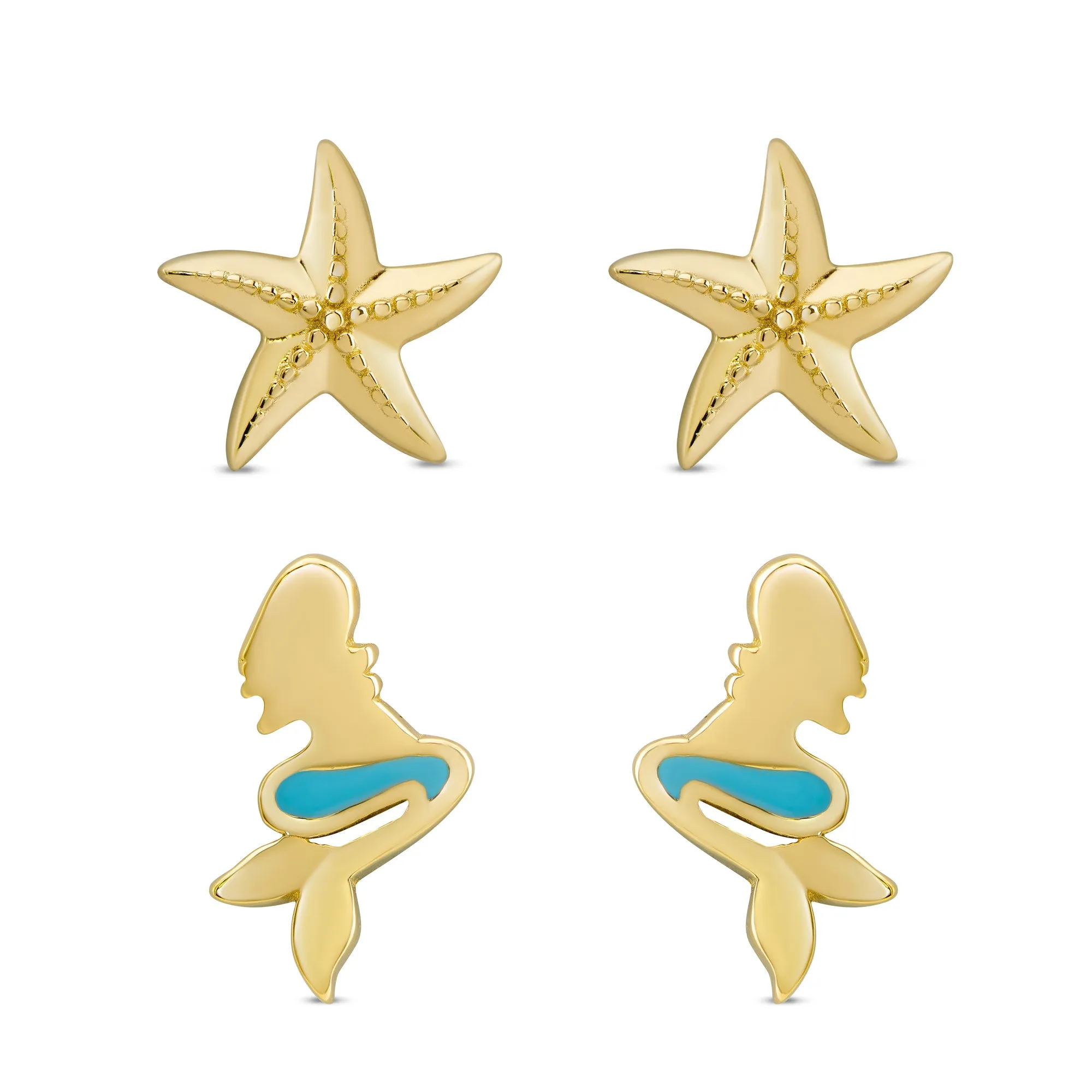 Mermaid and Starfish Stud Set in 18k Gold over Sterling Silver