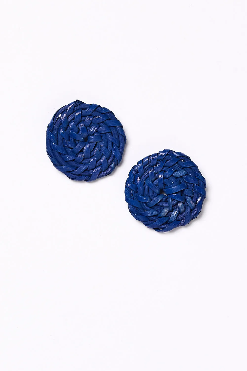 Rattan Button Earrings in Cobalt