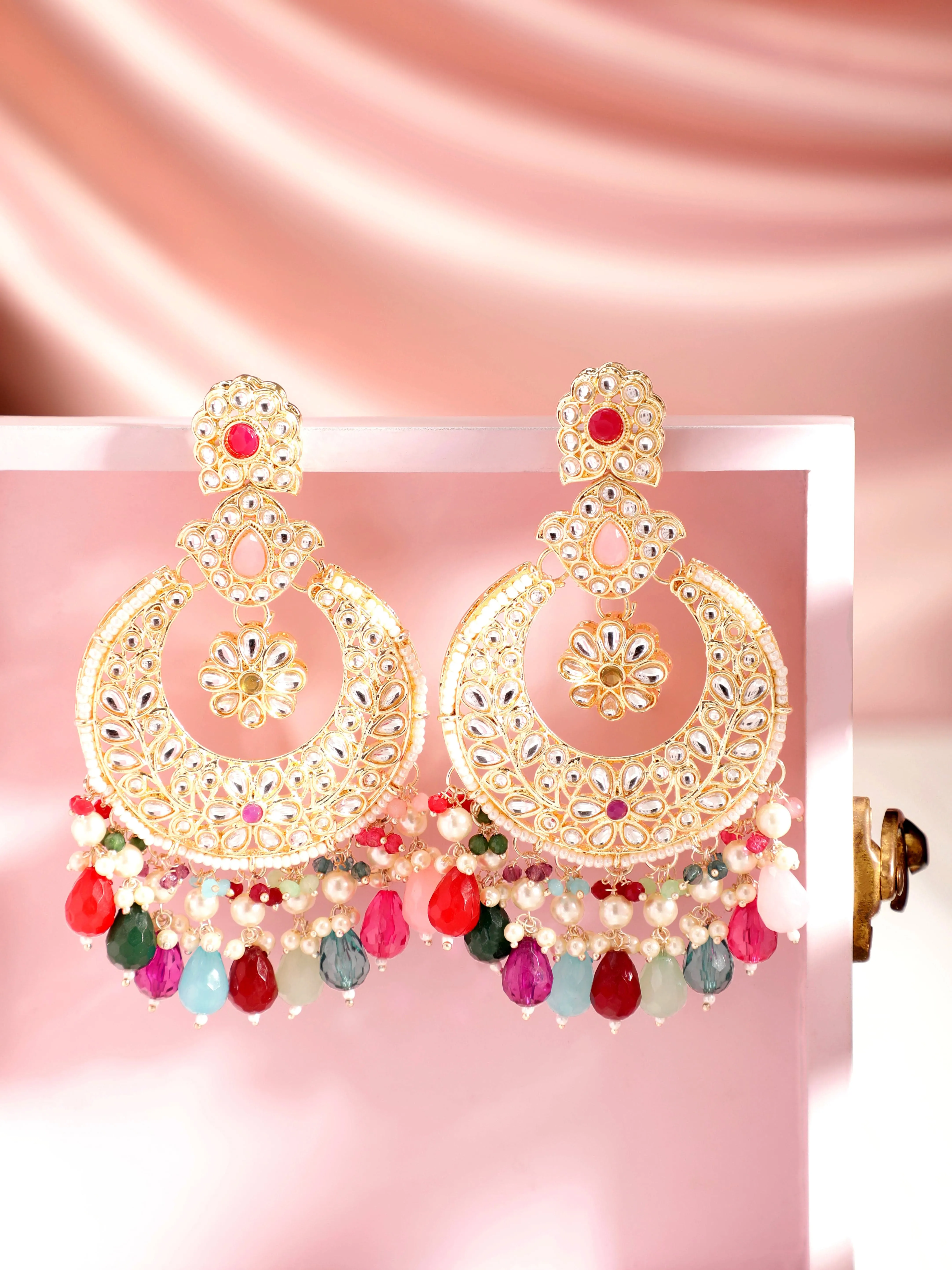 Rubans 22K Gold plated kundan crystals studded multicolour beads and pearls chandbali earrings