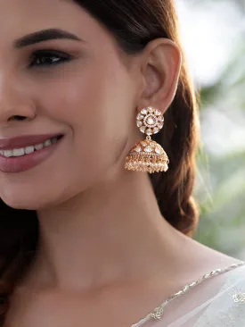 Rubans Ethereal Elegance White Beaded jhumka Earrings with Polki and Zircons