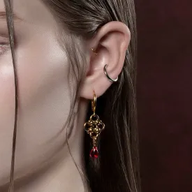 Rubious Gold Chainmail & Red Glass Hoop Earrings